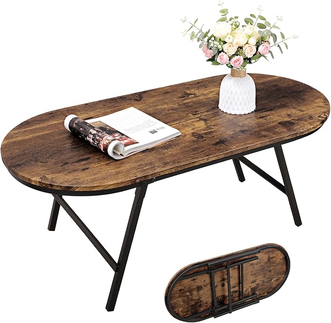 Folding Coffee Table for Living Room Industrial Brown Small Low Table Wooden Foldable Coffee Tables Oval Floor Desk Table for Small Spaces Home Office
