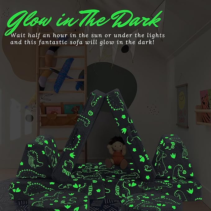 MeMoreCool 8-Piece Kids Modular Play Couch — Glow-in-The-Dark Dinosaur Foam Sofa Set for Toddlers, Convertible Fort Building Furniture with Washable Covers, Playroom Climbing & Creative Play Sofa