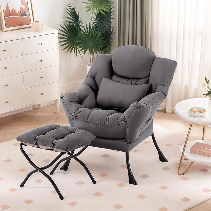 Lazy Chair with Ottoman, Comfy Fabric Accent Lounge Arm Chair with Lumbar Pillow and Folding Footrest, Reading Leisure Sofa Armchair for Bedroom, Living Room, Dorm,Dark Grey