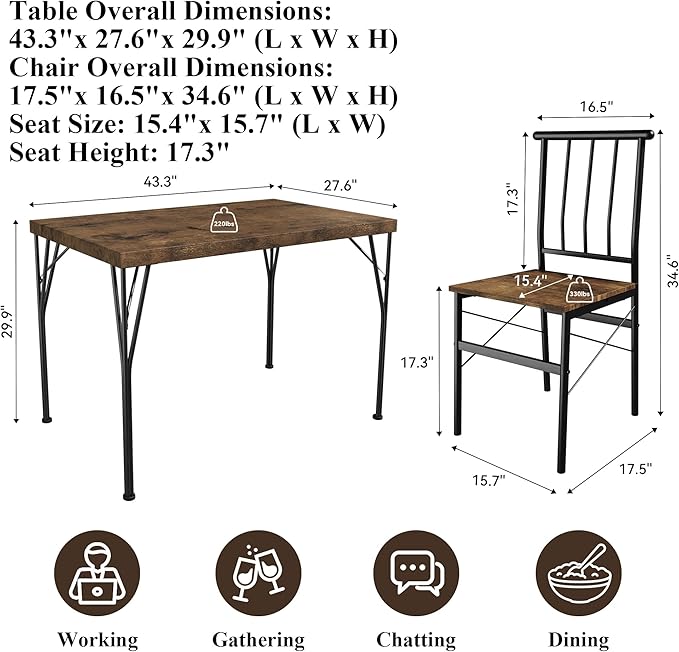5 Piece Dining Table Set with 1.6" Thick Desktop, Modern Metal&Wood Kitchen Dinner Table with 4 Chairs, Dining Room Table Sets for Small Spaces, Brown