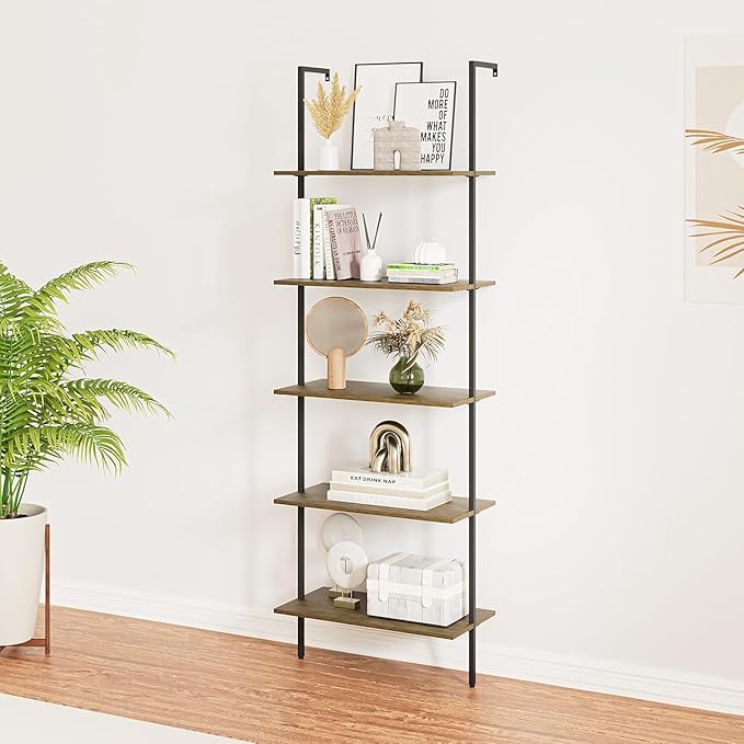 5 Tiers Ladder Shelf Brown Modern Bookshelf Open Tall Wall Mount Bookcase Standing Leaning Wall Shelves Industrial Decorative Living Room Bed Room