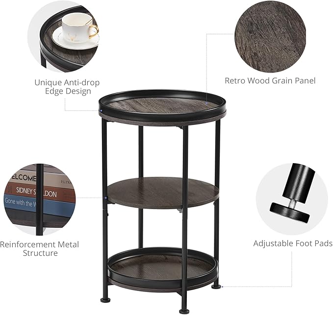 Dulcii Side Table, Round End Table with 3 Shelves for Living Room, Bedroom, Nightstand with Steel Frame for Small Spaces, Industrial Round Sofa Table, Outdoor Accent Coffee Table, Grey