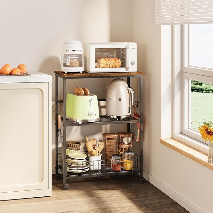 Rolling Kitchen Microwave Stand, 3-Tier Microwave Cart Table with Wood Top and Wire Basket, Coffee Bar Table on Lockable Wheels, Small Baker’s Rack Shelf Organizer for Kitchen, Dining Room, Office