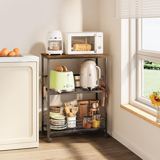Rolling Kitchen Microwave Stand, 3-Tier Microwave Cart Table with Wood Top and Wire Basket, Coffee Bar Table on Lockable Wheels, Small Baker’s Rack Shelf Organizer for Kitchen, Dining Room, Office