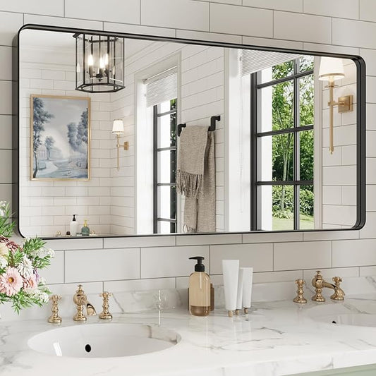 WEER Black Bathroom Mirror for Wall, 48X24 Inch Matte Black Mirror, Rectangular Black Metal Framed Vanity Mirror with Tempered Glass, Rounded Corner, Anti-Rust (Horizontal/Vertical)