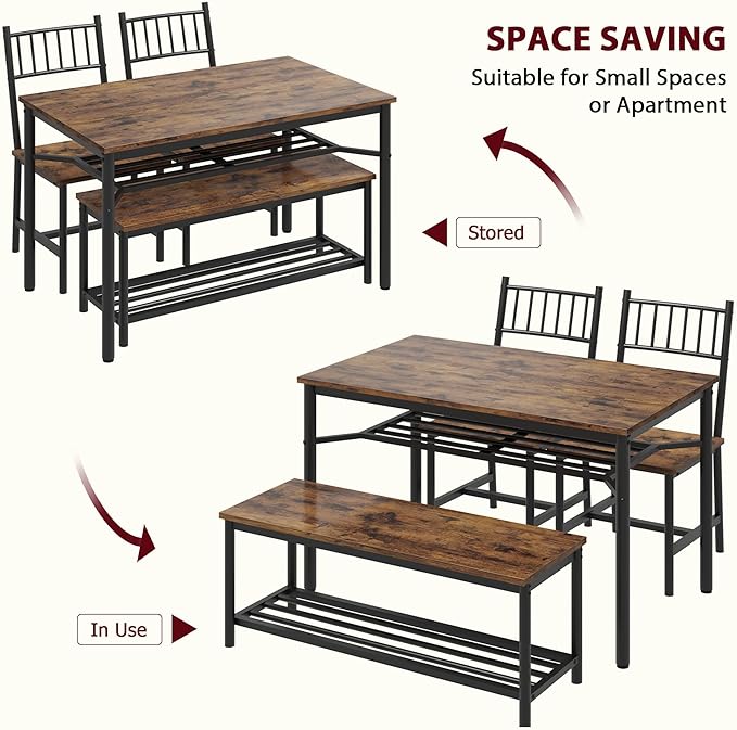 Dining Table Set for 4, Kitchen Table for 4 with Bench and 2 Chairs, 4-Piece Dining Table Set for Apartment, Small Space, Brown