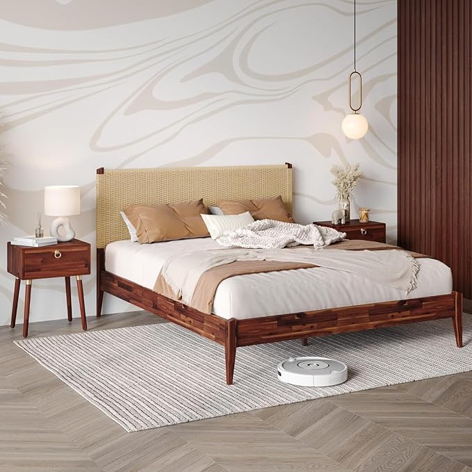 Bme Selina Wood Platform Bed Frame - Handcrafted Paper Cord Unique Headboard - No Box Spring Needed - 12 Strong Wood Slats Support - Easy Assembly - Queen, Dark Chocolate