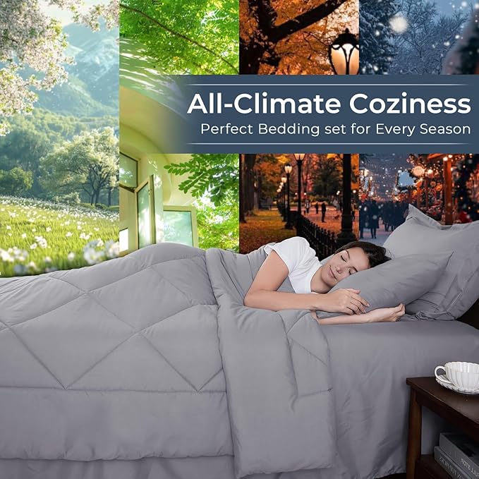 HEVUMYI Light Grey Full Comforter Set - 7-Piece All Season Bed in a Bag Full, Ultra Soft Bedding Set with Comforter, Flat Sheet, Fitted Sheet, Pillowcases, Pillow Shams, Light Gray