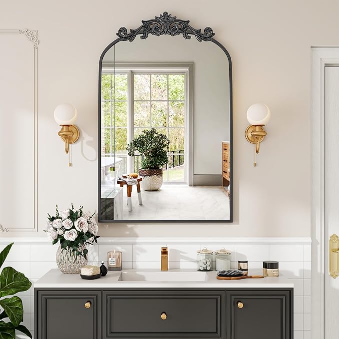 Vintage Arched Bathroom Mirror, 24x36 Inch Retro Wall Mounted Vanity Mirror with Carved Pattern Top and Metal Frame, Black Decorative Mirror for Hanging or Leaning