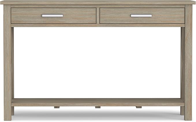 SIMPLIHOME Kitchener Console Table - 47 Inch Wide Solid Wood Sofa Table in Distressed Grey, Contemporary Storage Table for Entryway or Living Room with 2 Drawers, Bottom Shelf, and X-Design Sides