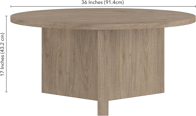 Henn&Hart 36" Round Wood Pedestal Coffee Table for Living Room, Family Room, Office, or Apartment, Antiqued Gray Oak