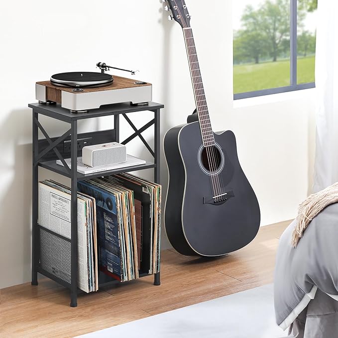 AMHANCIBLE Record Player Stand with Charging Station, Turntable Stand with Storage Cabinet, 3 Tier End Table Hold Up to 100 Albums, Record Stand for Vinyl, Living Room, Black, HETCD01BK-1