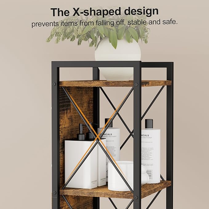 Homhedy 6 Tier Bookshelf Bookcase, Tall Narrow Bookshelf for Small Space, Metal Storage Shelves with Back Panel, for Home Office, Living Room, Kitchen, Bedroom, Industrial Style, Rustic Brown