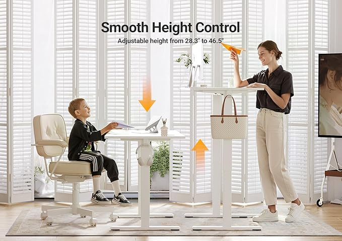 Seang Electric Standing Desk Adjustable Height, 40 x 24 Inch Sit Stand Desk with T-Shaped Frame, 3 Memory Presets & Cable Management for Home Office Computer Workstation, White Frame/White Top