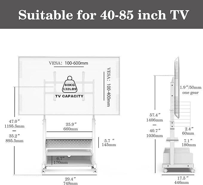 FITUEYES Rolling TV Floor Stand for 40-85in TVs, Heavy Duty Mobile TV Stand on Wheels Lockable, TV Cart with Wooden Large Storage Shelf & Pegboard Hold up to 132 lbs for Bedroom, Living Room, Office