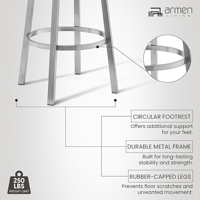 Armen Living Lorin Modern 30" Seat Height White Faux Leather and Brushed Stainless Steel Metal Swivel Bar Stool for Kitchen Island Counter