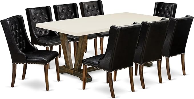 East West Furniture V727FO749-9 9 Piece Modern Dining Table Set Includes a Rectangle Wooden Table with V-Legs and 8 Black Faux Leather Upholstered Chairs, 40x72 Inch, Multi-Color