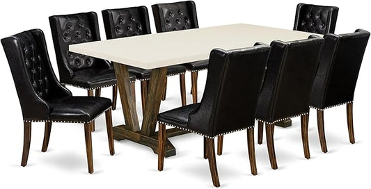 East West Furniture V727FO749-9 9 Piece Modern Dining Table Set Includes a Rectangle Wooden Table with V-Legs and 8 Black Faux Leather Upholstered Chairs, 40x72 Inch, Multi-Color
