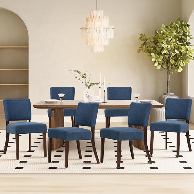 COLAMY Mid Century Modern Dining Chairs Set of 6, Upholstered Kitchen Chairs with Back, Farmhouse Fabric Side Dining Room Chairs with Wood Legs for Dining Room Kitchen Restaurant, Blue