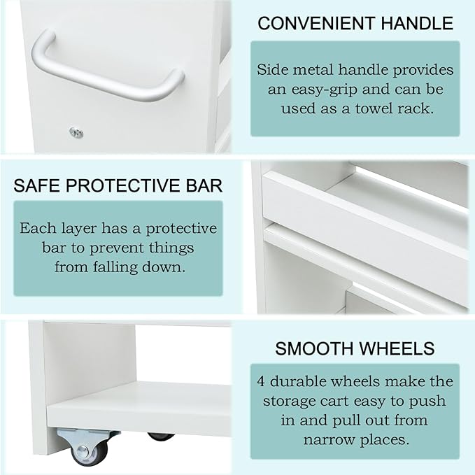 MARTY Rolling Storage Cart 7.9" W, 4-Tier Kitchen Cart with Wheels Handle, Slim Storage Cart Mobile Shelving Utility Carts for Bathroom Laundry Room Organization Narrow Places (White)
