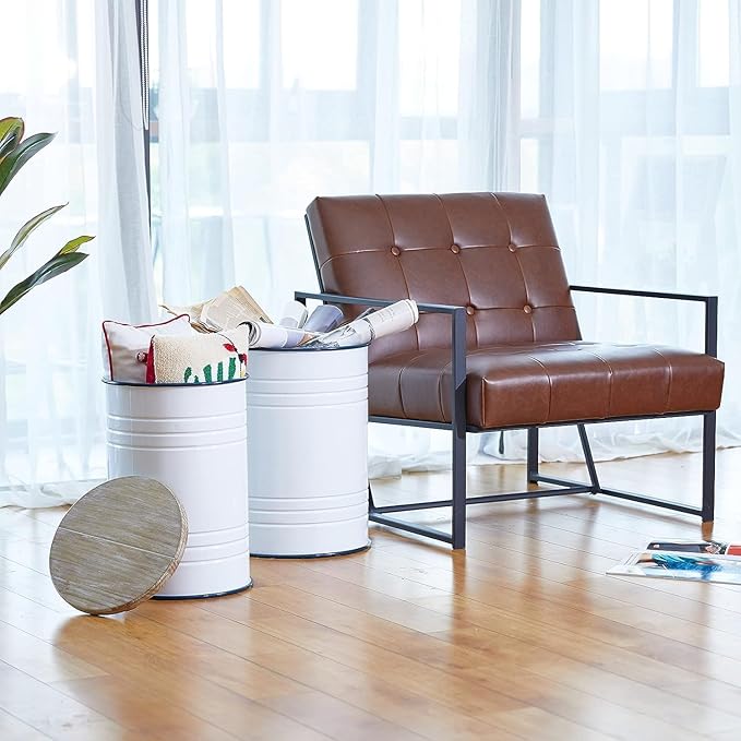 Glitzhome Farmhouse Accent Side Table, Metal Storage Stool Ottoman with Round Lid - Galvanized Coffee Cocktail End Tables Set of 2 for Living Room Bedroom, White
