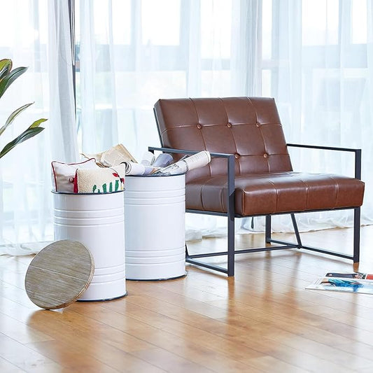 Glitzhome Farmhouse Accent Side Table, Metal Storage Stool Ottoman with Round Lid - Galvanized Coffee Cocktail End Tables Set of 2 for Living Room Bedroom, White