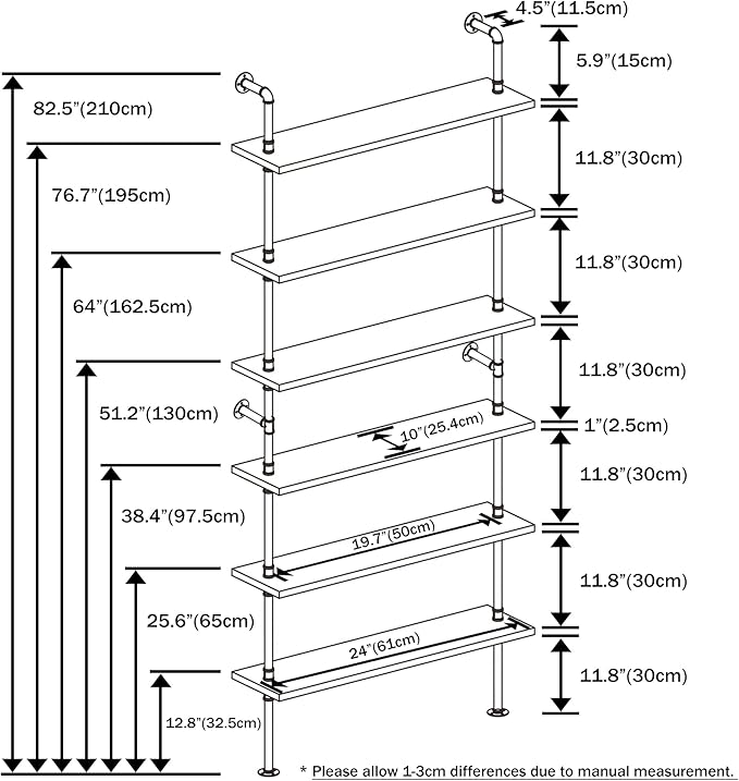 Industrial Ladder Pipe Shelves, Wall Mounted Wood Metal Rustic Bookshelf for Living Room (White, 6 Tier - 10" D x 24" W x 82.5" H)