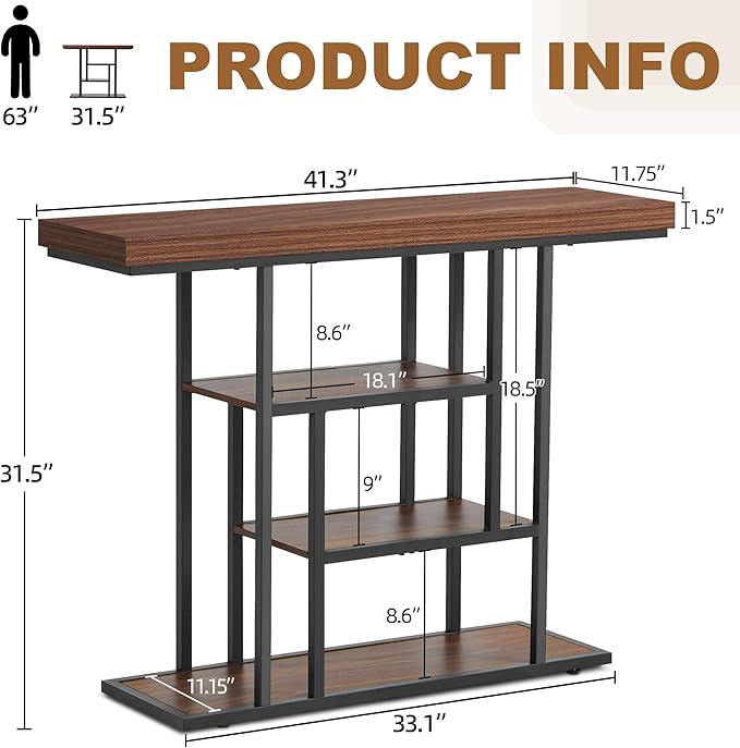 HABUTWAY 42" Industrial Entryway Table, Narrow 4-Tier Wood Console Table for Living Room, Accent Tables Living Room, Sofa Table for Front Door, Hallway, Foyer, Rustic Brown