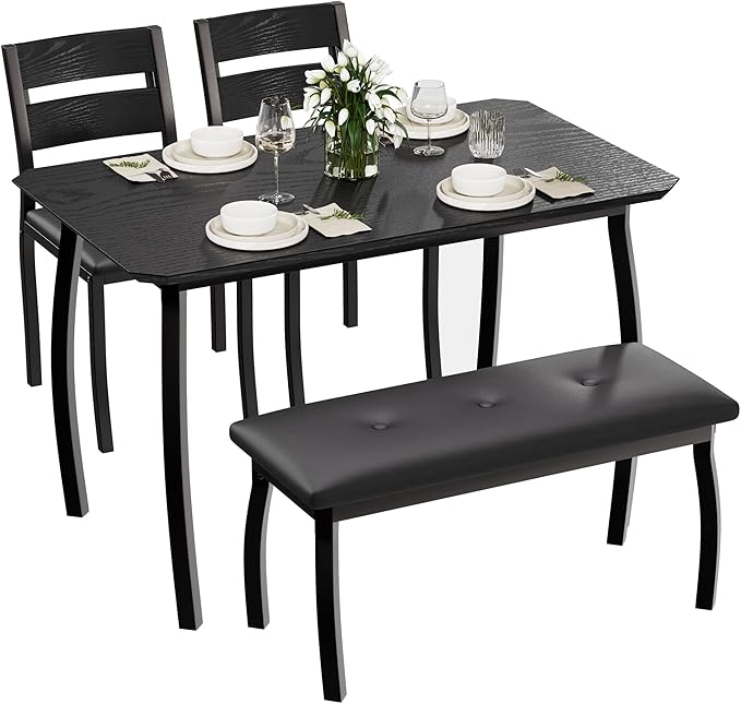 GAOMON Dining Table Set for 4, Wooden Kitchen Table with Upholstered Bench & 2 Cushion Chairs, Space-Saving Dinette Set for Studio, Kitchen, Dining Room, Apartment(43''x28''x30''), Black