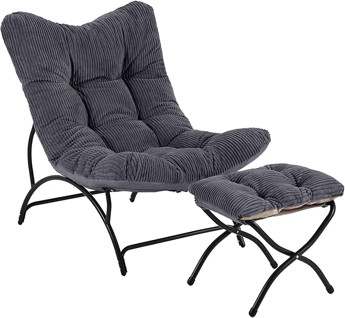 Welnow Accent Chair with Ottoman, Lounge Comfy Soft Leisure Metal Frame Reading Chair with Footrest, Upholstered Thick Cushion Seated Recliner Sofa for Living Room, Bedroom, Dorm, Dark