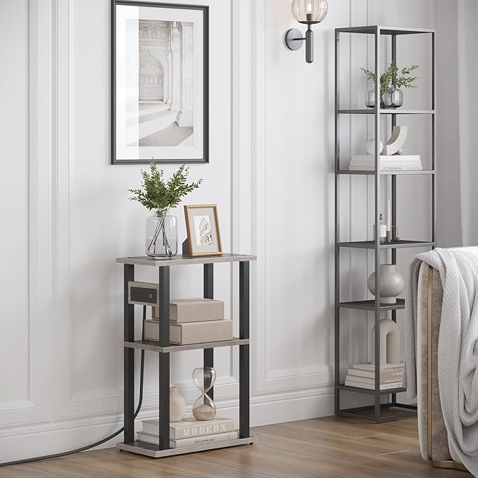 TUTOTAK Small Narrow Side Table with Charging Station, Skinny End Table for Small Spaces, Slim Nightstand with USB Ports and Outlet, Sofa Beside Table with Wheels, Greige TB01BG046