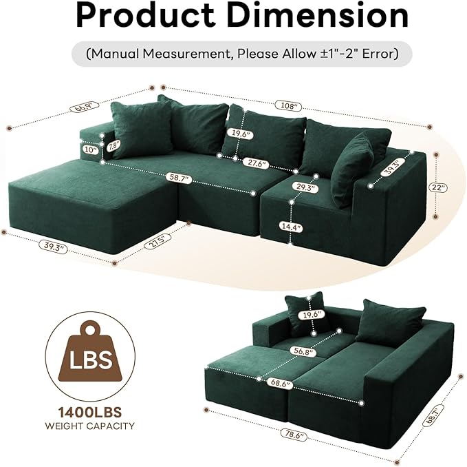 Vamcheer Modular Sectional Sofa with Chaise, Modern L Shaped Cloud Couch with Deep Seat, Sectional Couches for Living Room, Bedroom, Office, No Assembly Required, Green