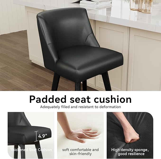Vipbear Swivel Counter Height Bar Stools Set of 2,26.8" H Counter Stools with Back, Mid Century Modern Bar Stools for Kitchen Island,Faux Leather,Wooden Base, Black