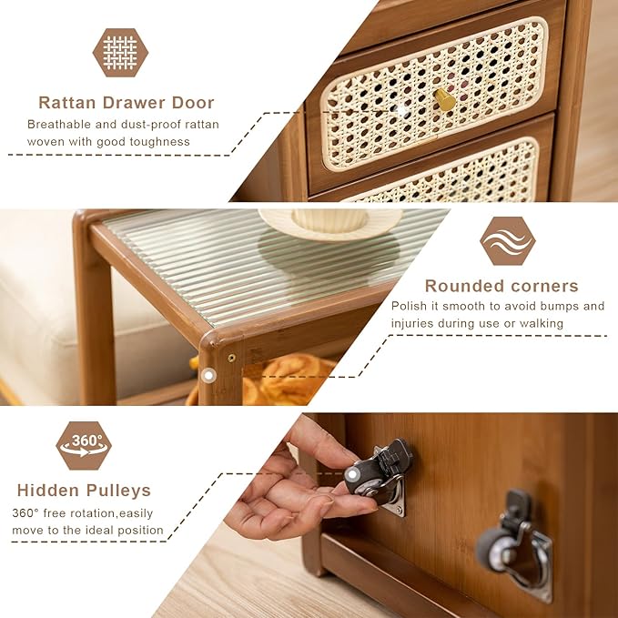 Bamboo & Rattan Side Table with Glass Top – 2-in-1 End Table and Bedside Cabinet with Drawer Storage for Small Spaces, Bedroom, Living Room,Walnut