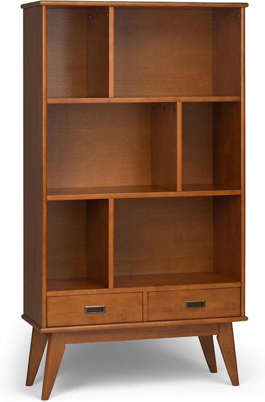 SIMPLIHOME Draper Bookcase - 64 inch Tall Solid Hardwood Wide Storage Bookshelf in Teak Brown, Mid-Century Modern Storage for Living Room, Study Room or Office with Adjustable Shelves and Tapered Legs