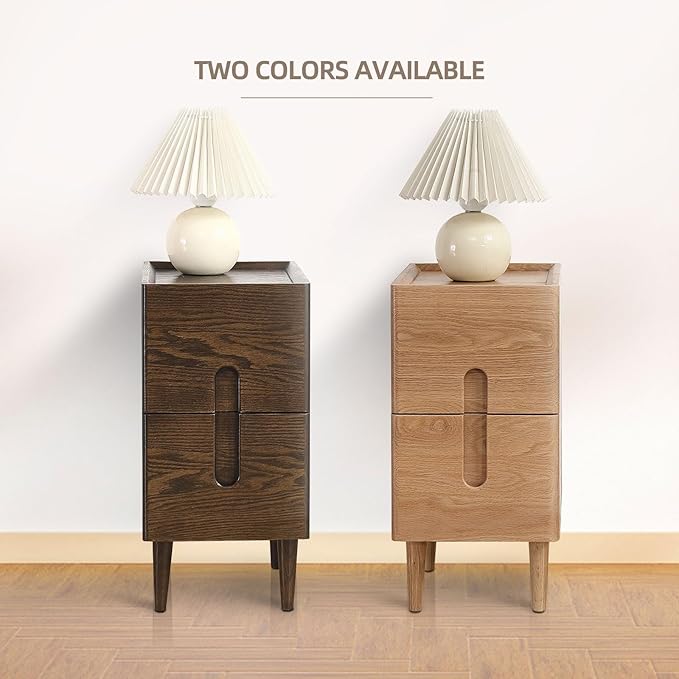 Solid Wood Bedside Table Nightstands, Slim Narrow Oak Real Wooden Mid-Century Modern End Table with Drawers Luxury Side Table Durable Cabinet Organizer Furniture, Natural Color 7.87in Wide
