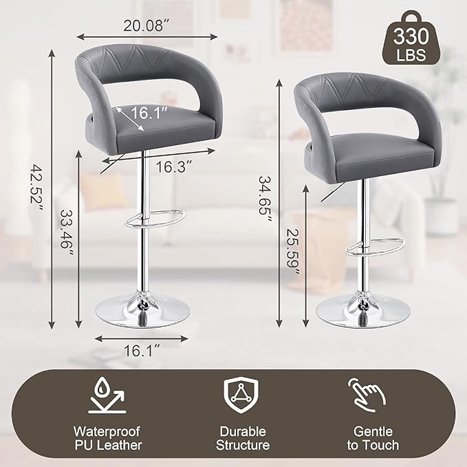 VECELO Bar Stools Set of 4 Adjustable Swivel Modern Pu Leather Barstools, Counter Bar Stools with Back and Arms, for Kitchen, Bar (Light Gray)