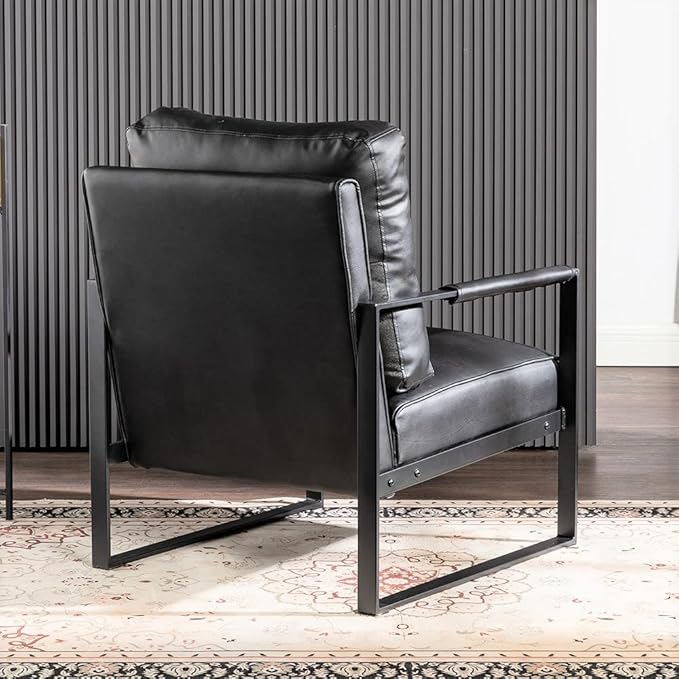 Container Furniture Classic Mid Century Modern Accent Chair with Durable Square Metal Frame, Armchair for Living Room, Bedroom, Home Office in Spotted Microfiber Upholstery, Black -PU Leather