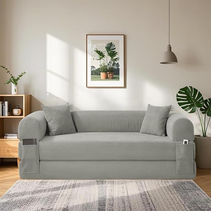 80" Convertible Sofa Bed, 3-in-1 Corduroy Folding Pull Out Couch with Pillows, No Assembly Modern Boneless Couch Compression Sofa in Box, Floor Sofa with Side Storage Pocket for Living Room,Light grey