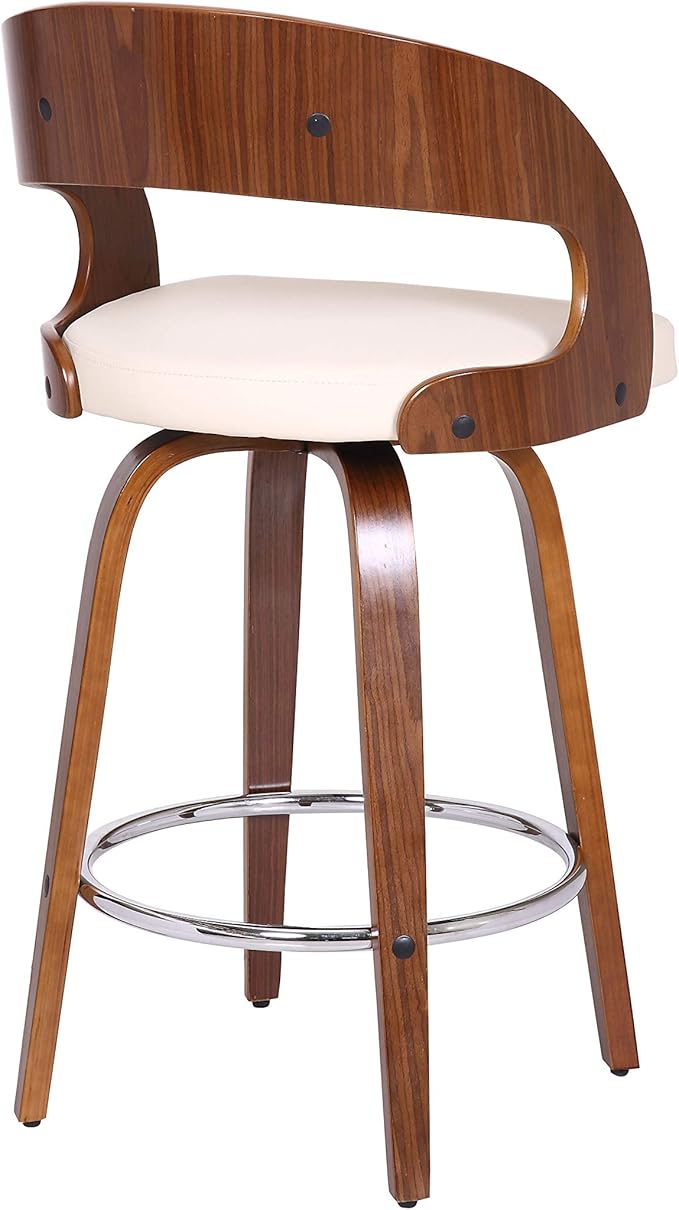 Armen Living Shelly 26" Counter Height Swivel Cream Faux Leather and Walnut Wood Bar Stool - Set of 4