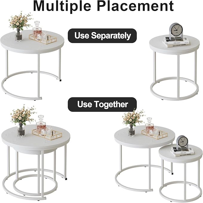 Garden 4 you Nesting Coffee Table, 23.6" Round Coffee Table Set of 2, Wooden Nesting Table Set with Metal Frame, Side Tables for Living Room Bedroom Balcony, White