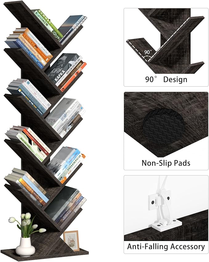 10 Tier Tree Book Shelf, Floor Standing Wood Bookshelf for Narrow Space, Storage Organizer Bookshelves for Books/CDs/Magazine, Bookcase with Shelves for Home Office, Living Room - Dark Grey