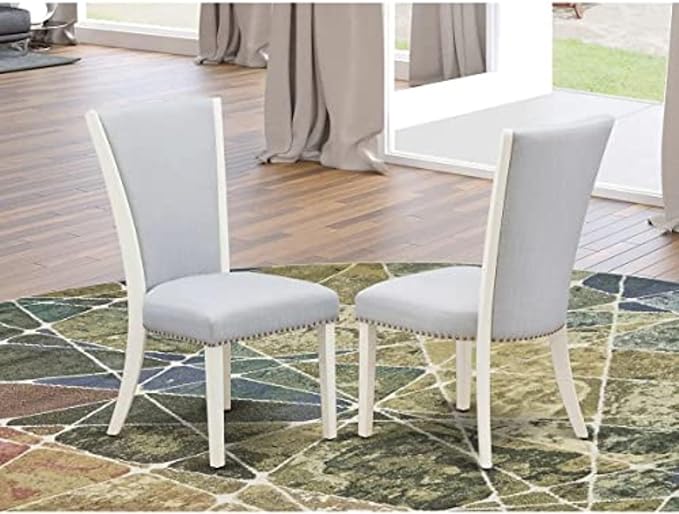 East West Furniture VEP0T05 Verona Parson Chairs - Nailhead Trim Grey Linen Fabric Padded Dining Chairs, Set of 2, Wirebrushed Linen White