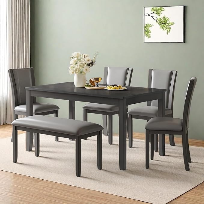 Dining Table Set for 5, 6-Piece Kitchen Table & Chairs Set with Rectangular Table, Bench & 4 Upholstered Chairs, 58'' Dinner Set with Rubber Wood Legs & Curved Backrest for Kitchen, Gray