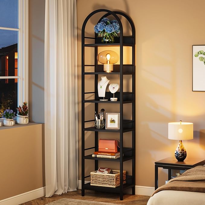 Tribesigns 6-Tier Open Bookshelf, 78.7" Tall Arched Bookcase Narrow Bookshelf with Metal Frame, Freestanding Corner Bookcase Display Shelves for Living Room, Home Office, Black