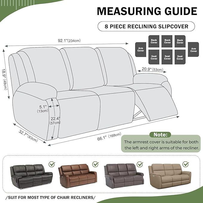 vctops 8 Pieces Geometric Jacquard Plush Recliner Sofa Covers Soft Fuzzy Fluffy 3 Seats Couch Cover Anti-Slip Sofa Slipcover Furniture Protector with Elastic Bottom for Kids Pet(Green,3 Seat)