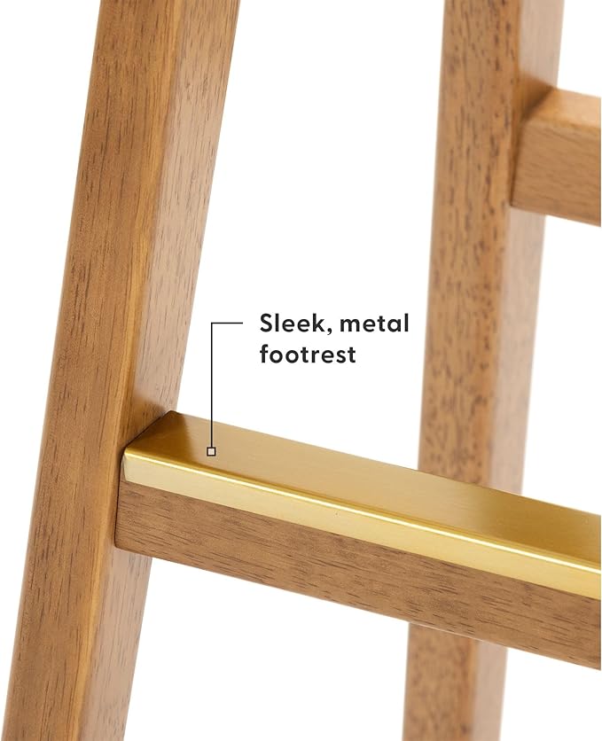 Plank+Beam Beryl Bar Height Stool - Mid-Century Modern Rubberwood Bar Stool with Faux Leather Seat, Metal Footrest, Easy Assembly, 4-Pack, Pecan/Toffee