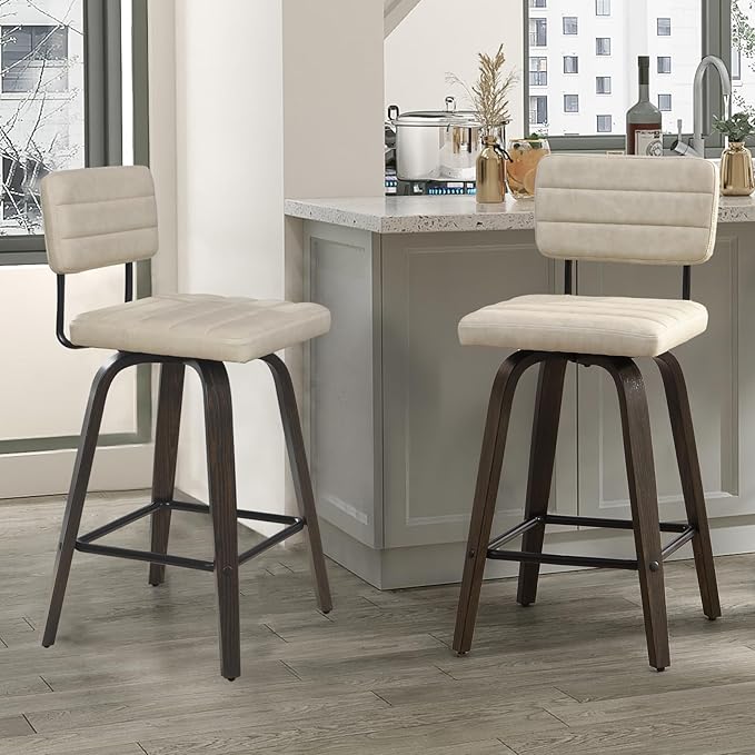 Swivel Bar Stools Set of 2, Counter Height, Wooden Frame, PU Leather Cushions, Beige