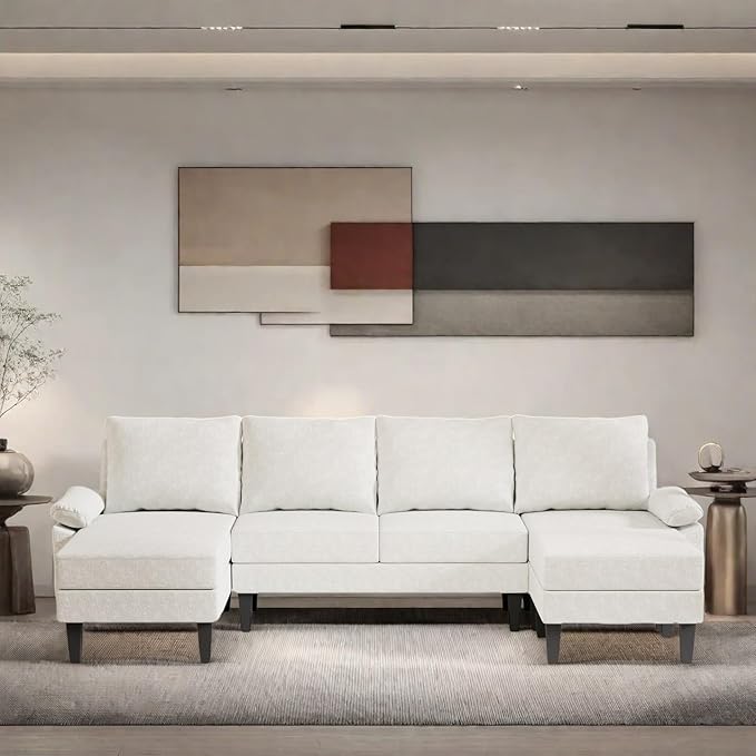 115 Inch U Shaped Sectional Couch with Chaise, 5-Seat Sofa with Moveable Ottoman, Modern Modular Sofa for Living Room, Apartment, Off-White