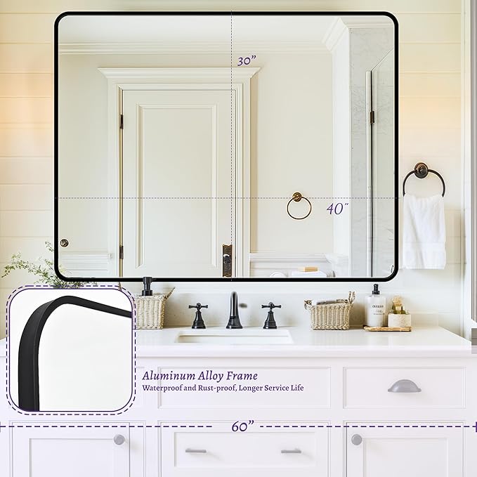 Bathroom Mirror, 40" x 30" Wall Mirror, Rectangular Aluminum Alloy Frame Contemporary Hanging Mirror for Living Room Bathroom Entryway, Black Rounded Corner